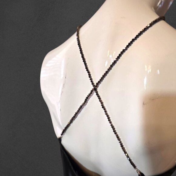 Black Satin Halter Mini Slip Dress with Beaded Strap sz M - Picture 4 of 7